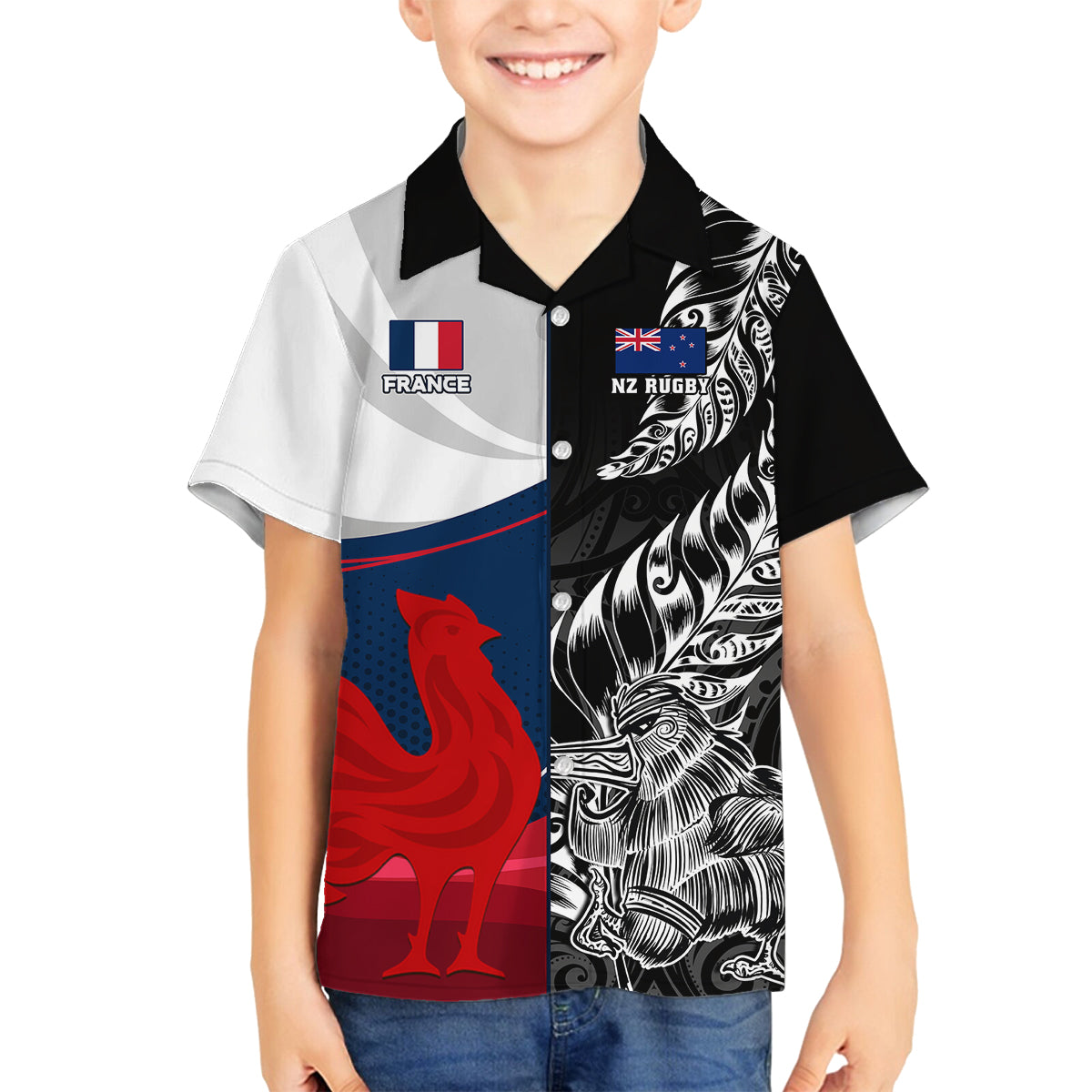 Custom New Zealand And France Rugby Family Matching Off Shoulder Long Sleeve Dress and Hawaiian Shirt XV de France Kiwi Silver Fern 2023 World Cup LT01 Son's Shirt Black - Polynesian Pride