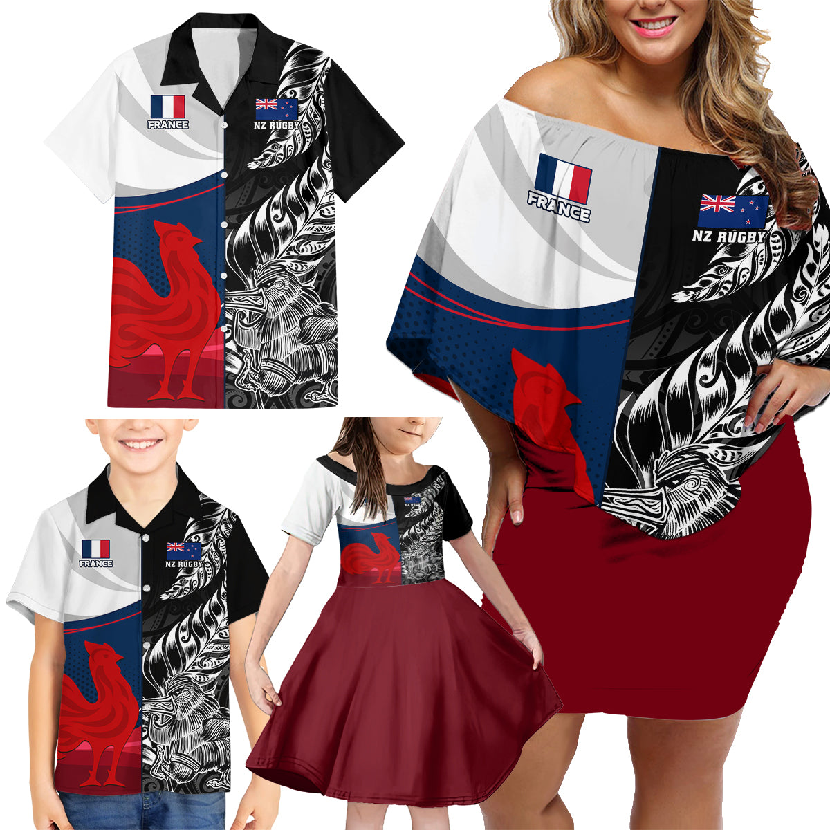 Custom New Zealand And France Rugby Family Matching Off Shoulder Short Dress and Hawaiian Shirt XV de France Kiwi Silver Fern 2023 World Cup LT01 - Polynesian Pride