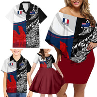 Custom New Zealand And France Rugby Family Matching Off Shoulder Short Dress and Hawaiian Shirt XV de France Kiwi Silver Fern 2023 World Cup LT01 - Polynesian Pride