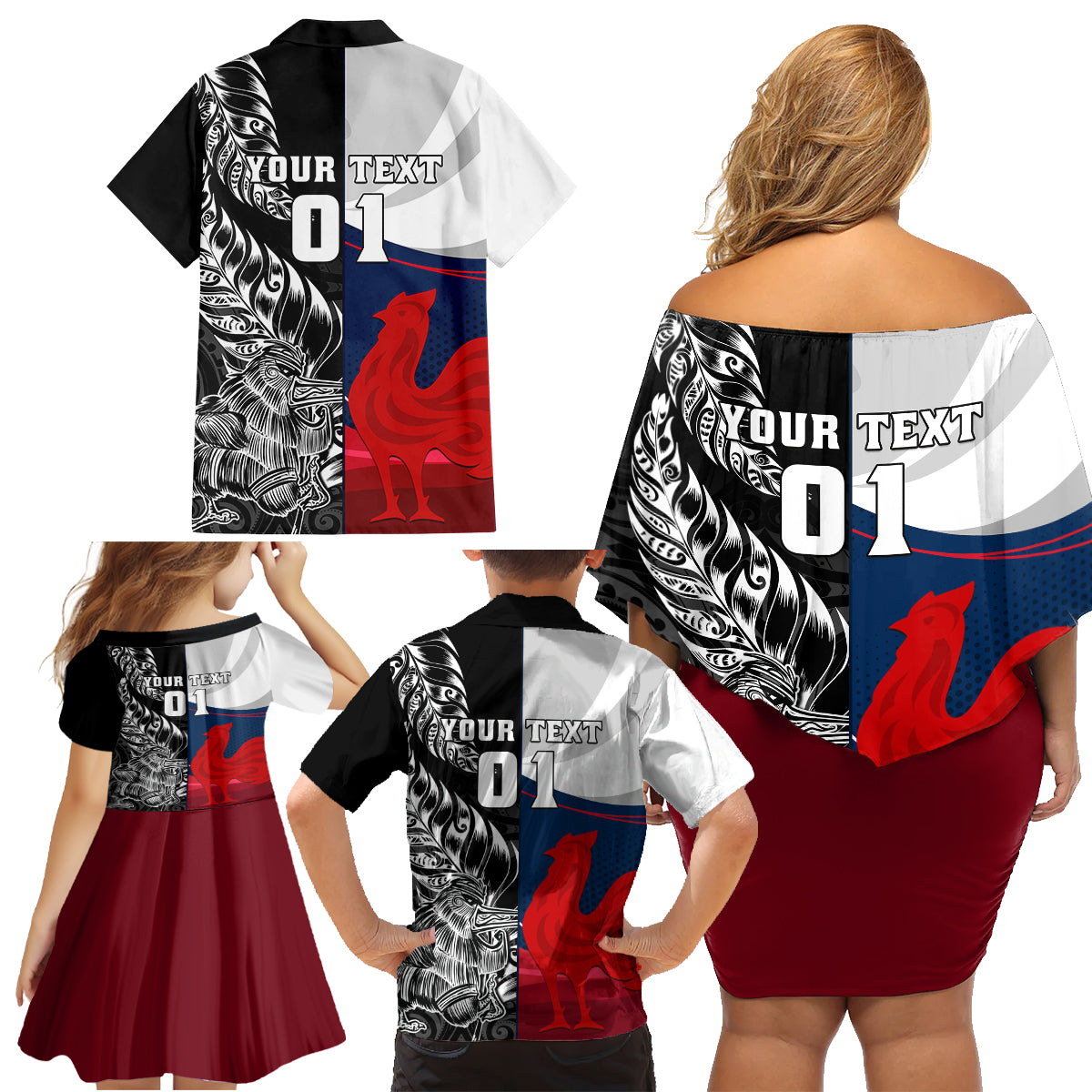 Custom New Zealand And France Rugby Family Matching Off Shoulder Short Dress and Hawaiian Shirt XV de France Kiwi Silver Fern 2023 World Cup LT01 - Polynesian Pride