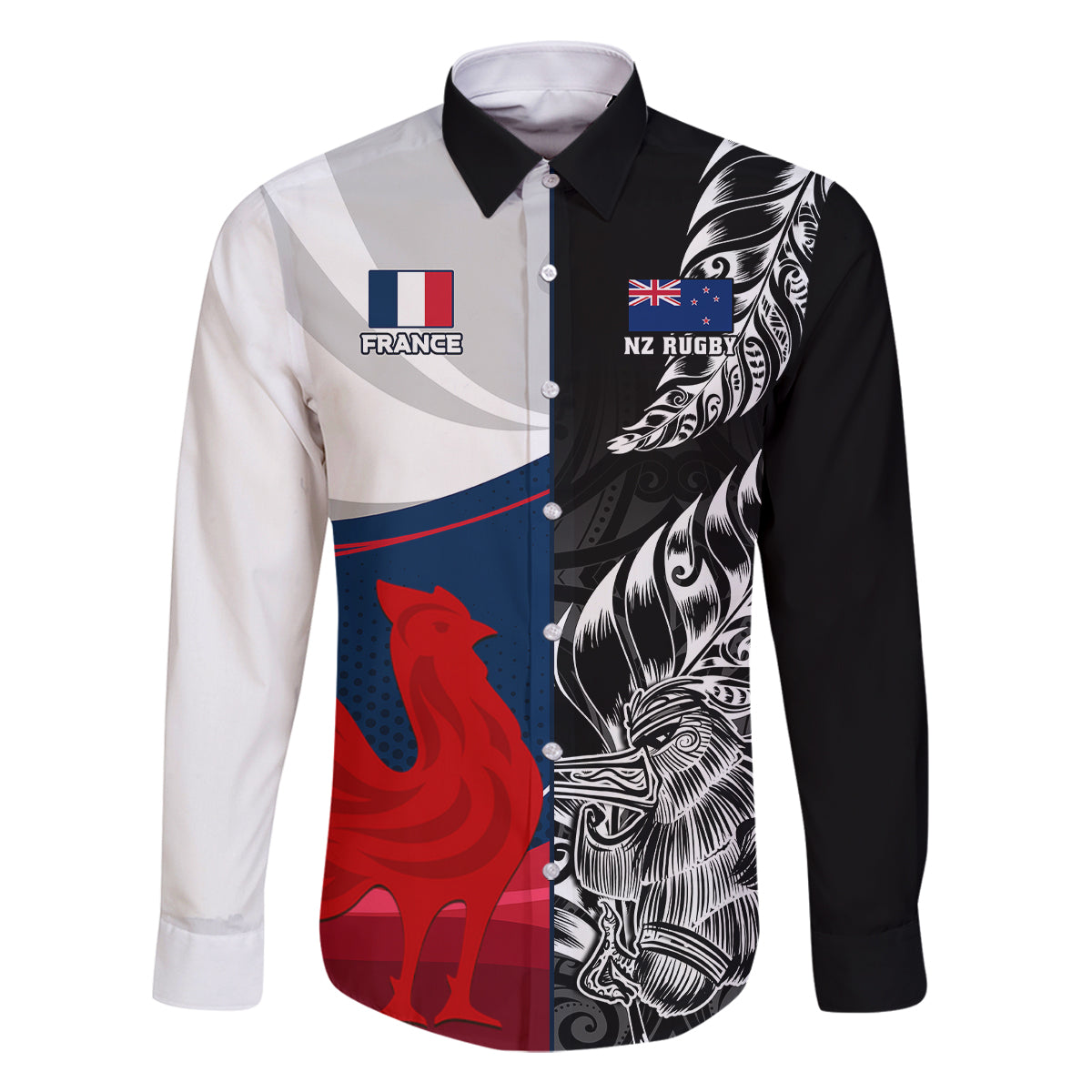 Custom New Zealand And France Rugby Family Matching Off Shoulder Short Dress and Hawaiian Shirt XV de France Kiwi Silver Fern 2023 World Cup LT01 Dad's Shirt - Long Sleeve Black - Polynesian Pride