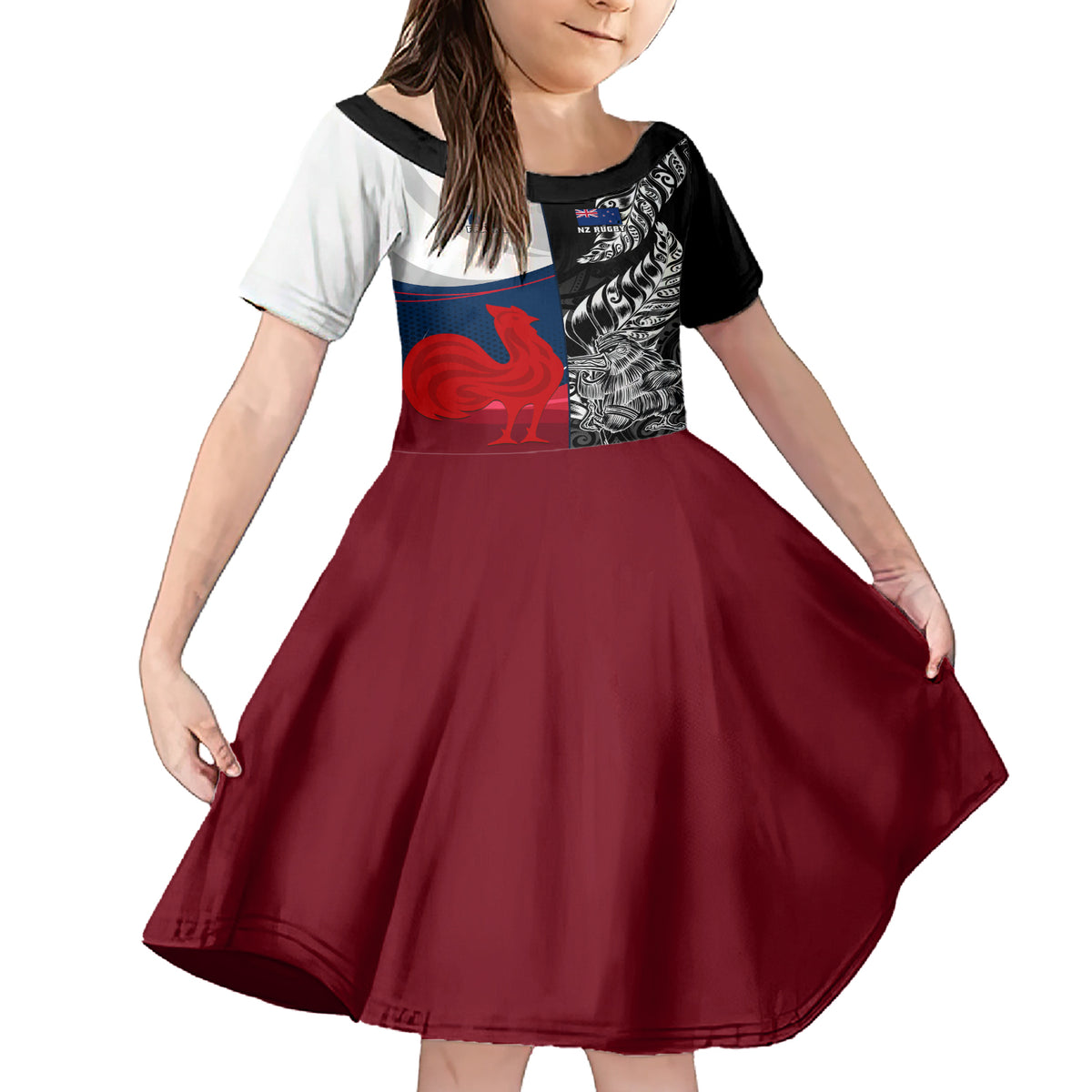 Custom New Zealand And France Rugby Family Matching Short Sleeve Bodycon Dress and Hawaiian Shirt XV de France Kiwi Silver Fern 2023 World Cup LT01 Daughter's Dress Black - Polynesian Pride