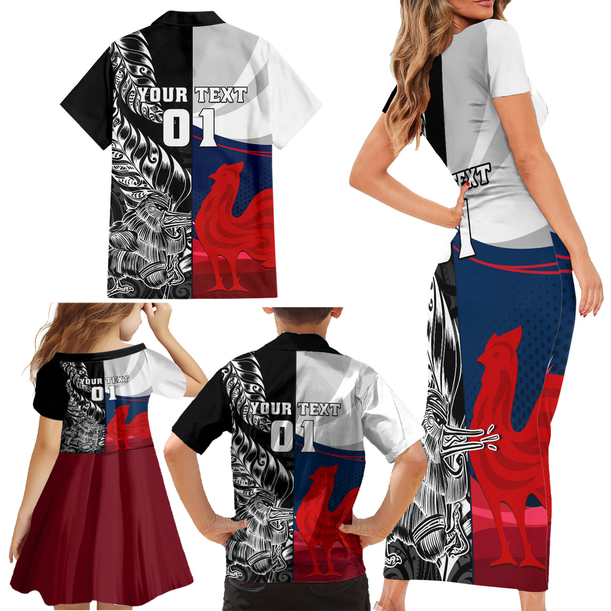 Custom New Zealand And France Rugby Family Matching Short Sleeve Bodycon Dress and Hawaiian Shirt XV de France Kiwi Silver Fern 2023 World Cup LT01 - Polynesian Pride