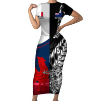 Custom New Zealand And France Rugby Family Matching Short Sleeve Bodycon Dress and Hawaiian Shirt XV de France Kiwi Silver Fern 2023 World Cup LT01 Mom's Dress Black - Polynesian Pride