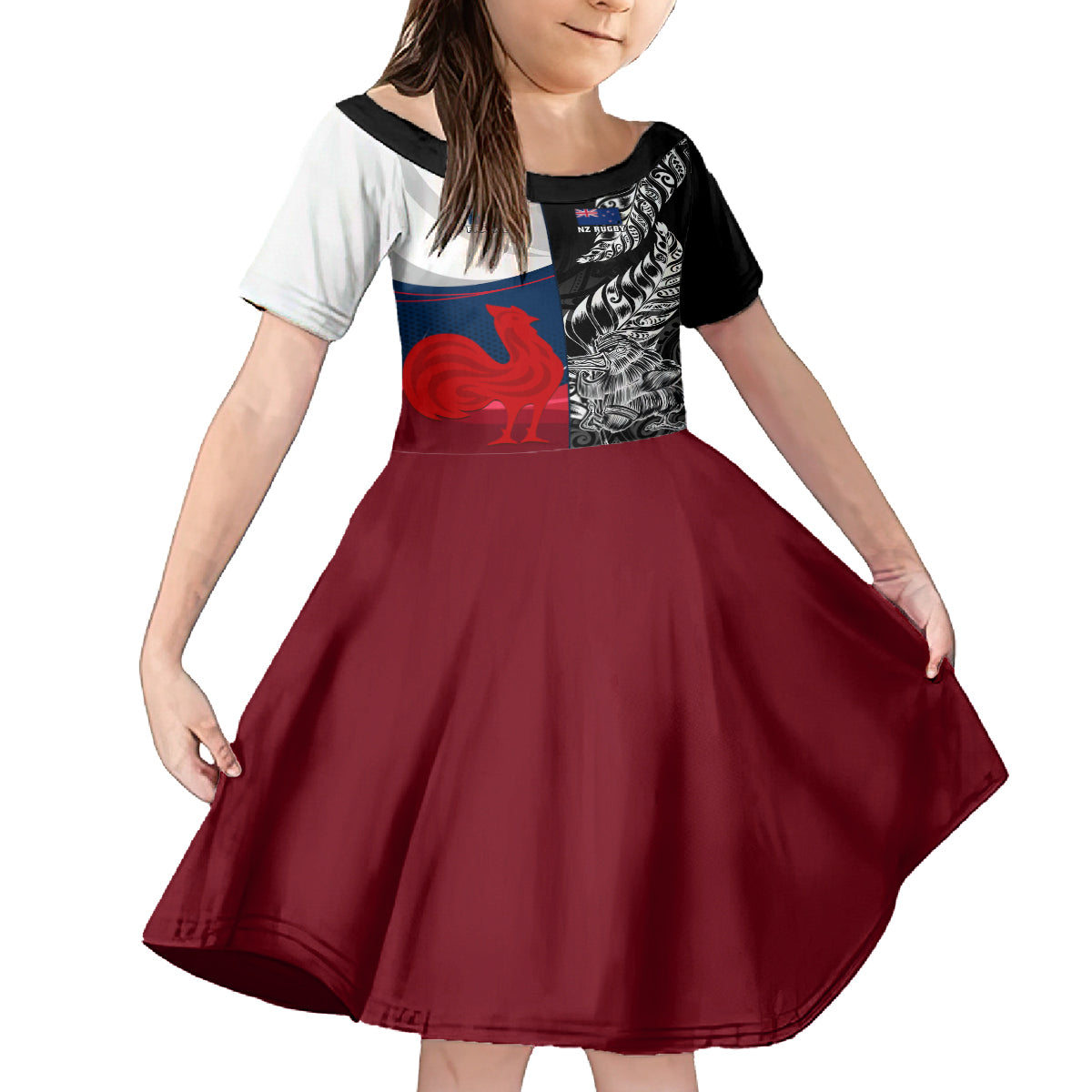 Custom New Zealand And France Rugby Family Matching Summer Maxi Dress and Hawaiian Shirt XV de France Kiwi Silver Fern 2023 World Cup LT01 Daughter's Dress Black - Polynesian Pride