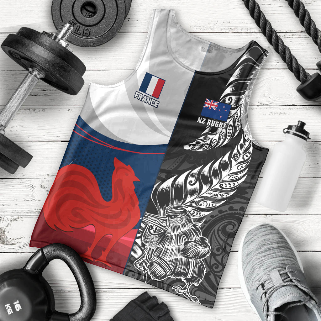 Custom New Zealand And France Rugby Men Tank Top XV de France Kiwi Silver Fern 2023 World Cup LT01 Black - Polynesian Pride