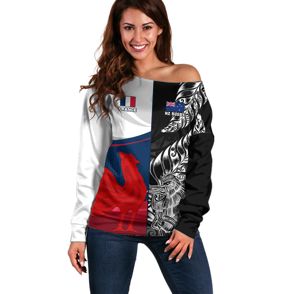 Custom New Zealand And France Rugby Off Shoulder Sweater XV de France Kiwi Silver Fern 2023 World Cup LT01 Women Black - Polynesian Pride