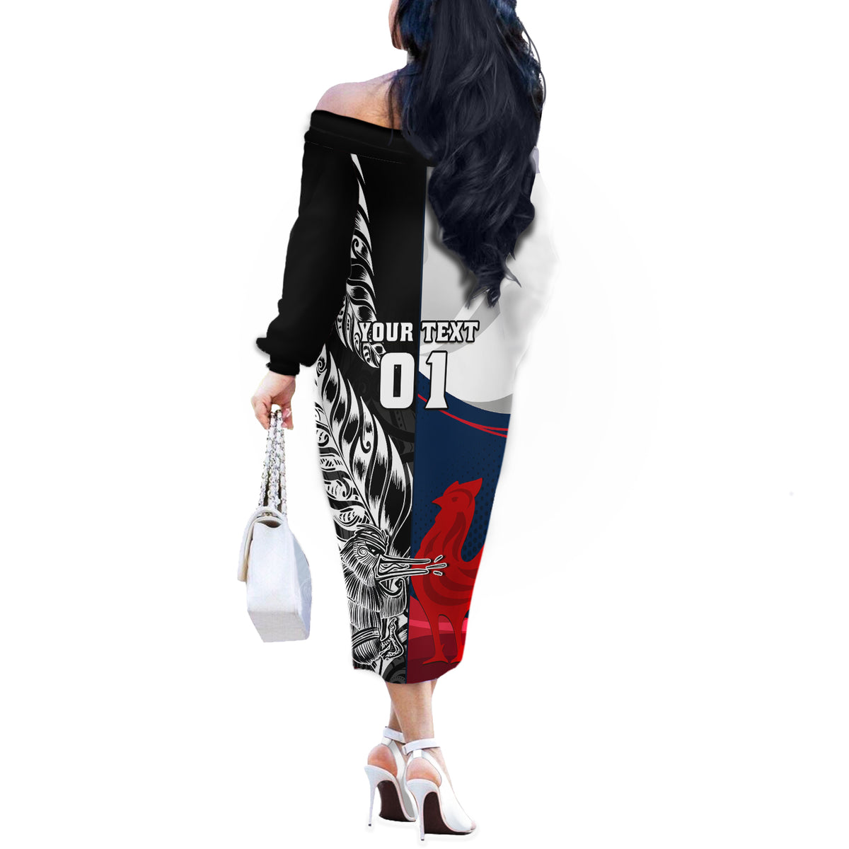 Custom New Zealand And France Rugby Off The Shoulder Long Sleeve Dress XV de France Kiwi Silver Fern 2023 World Cup LT01 - Polynesian Pride
