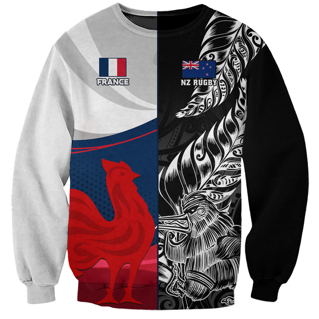 Custom New Zealand And France Rugby Sweatshirt XV de France Kiwi Silver Fern 2023 World Cup LT01 Unisex Black - Polynesian Pride
