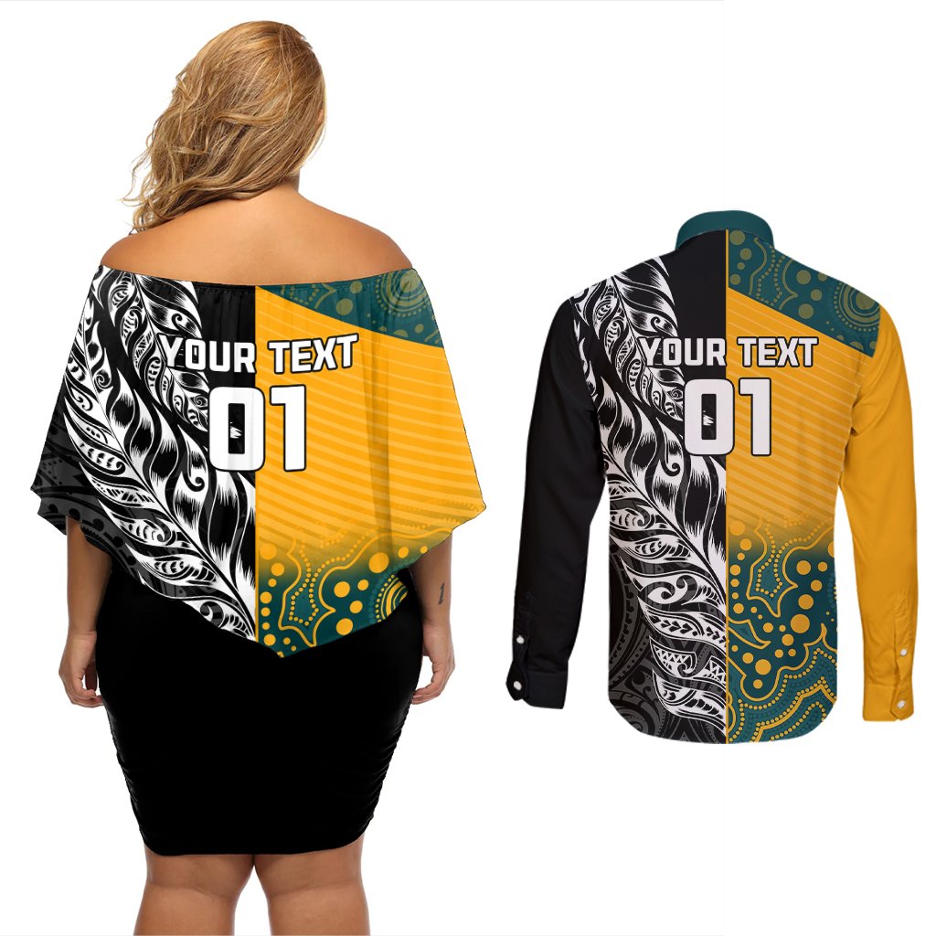 Custom New Zealand And Australia Rugby Couples Matching Off Shoulder Short Dress and Long Sleeve Button Shirts Wallabies Kiwi Silver Fern 2023 World Cup LT01 - Polynesian Pride