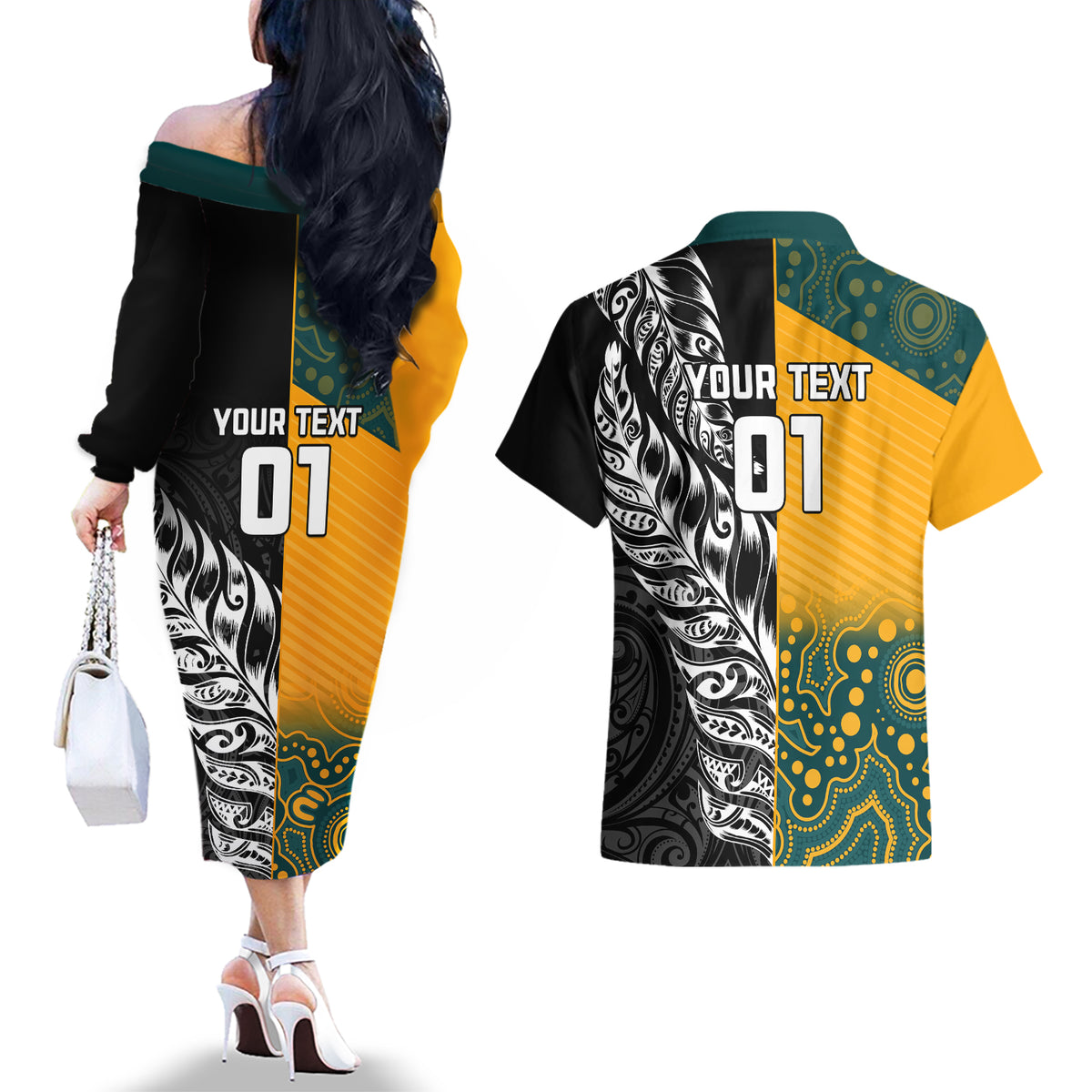 Custom New Zealand And Australia Rugby Couples Matching Off The Shoulder Long Sleeve Dress and Hawaiian Shirt Wallabies Kiwi Silver Fern 2023 World Cup LT01 - Polynesian Pride