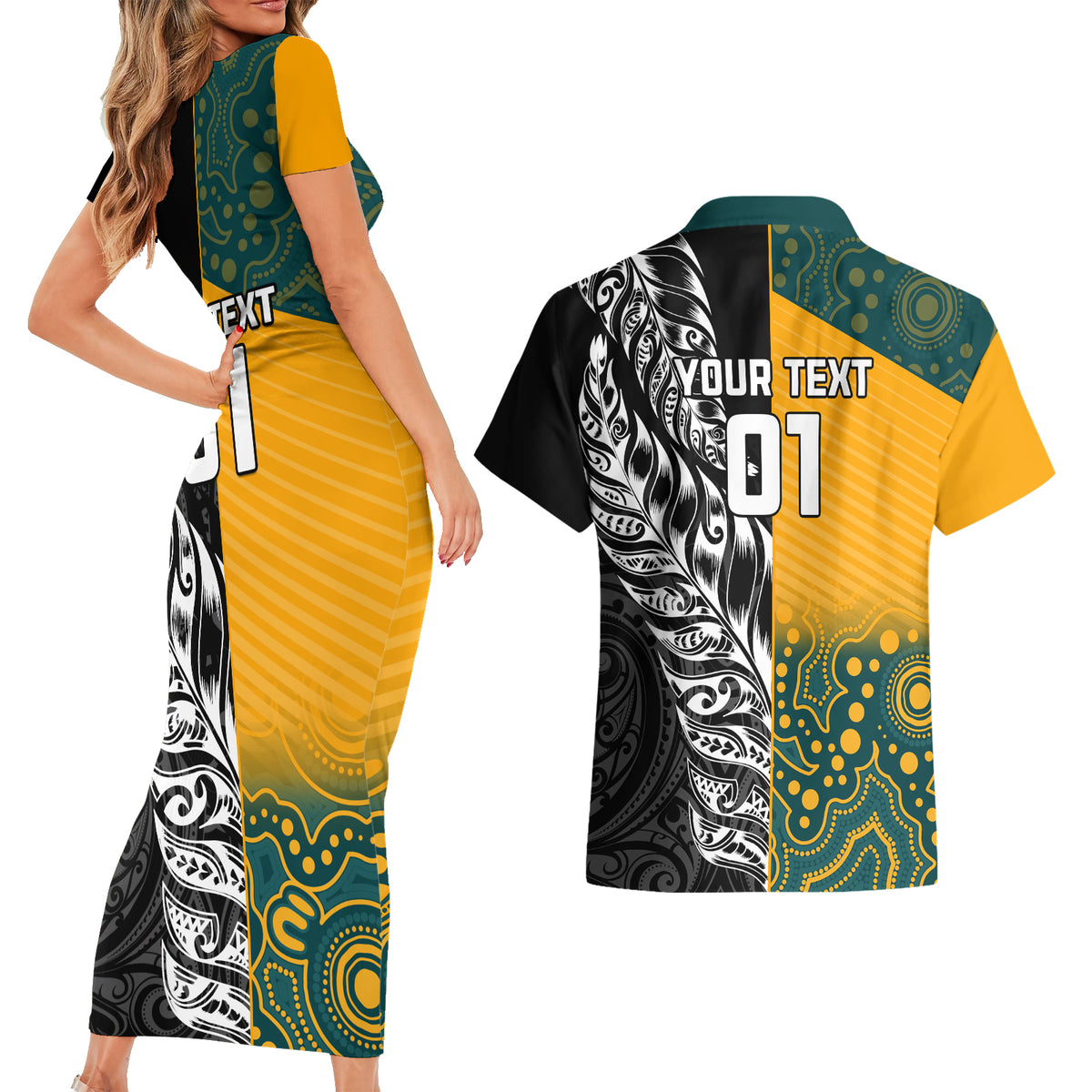 Custom New Zealand And Australia Rugby Couples Matching Short Sleeve Bodycon Dress and Hawaiian Shirt Wallabies Kiwi Silver Fern 2023 World Cup LT01 - Polynesian Pride