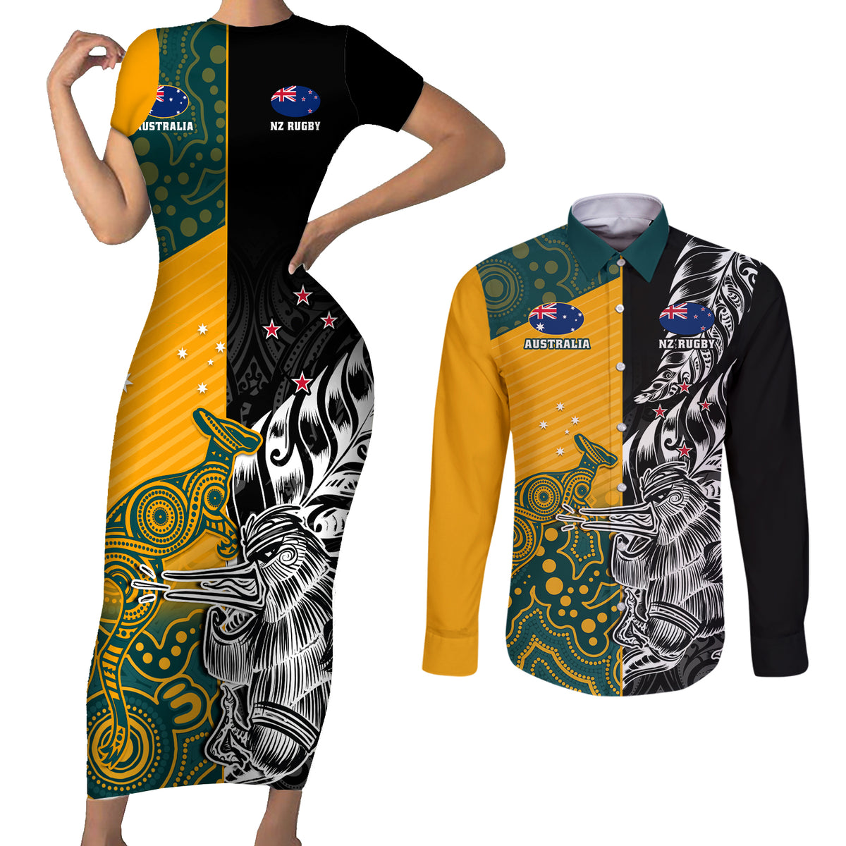 Custom New Zealand And Australia Rugby Couples Matching Short Sleeve Bodycon Dress and Long Sleeve Button Shirts Wallabies Kiwi Silver Fern 2023 World Cup LT01 Black - Polynesian Pride