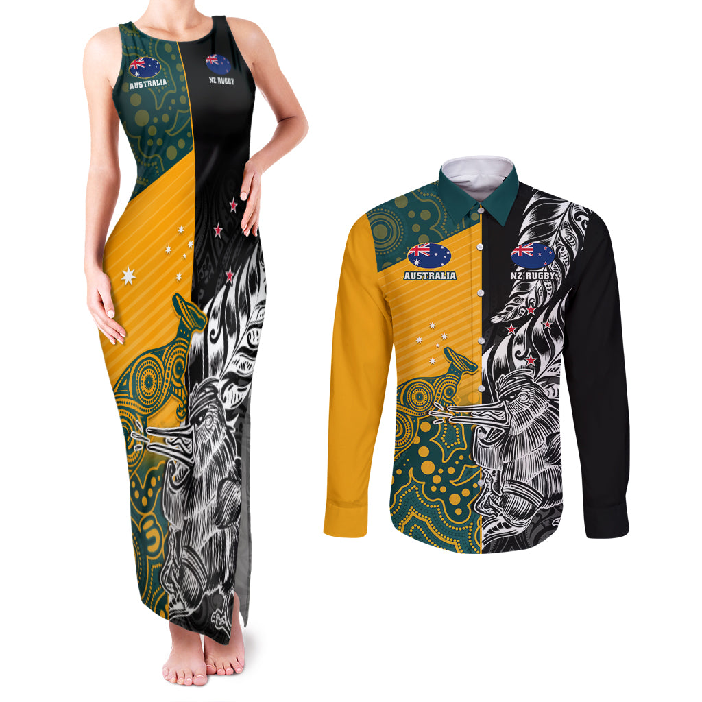 Custom New Zealand And Australia Rugby Couples Matching Tank Maxi Dress and Long Sleeve Button Shirts Wallabies Kiwi Silver Fern 2023 World Cup LT01 Black - Polynesian Pride
