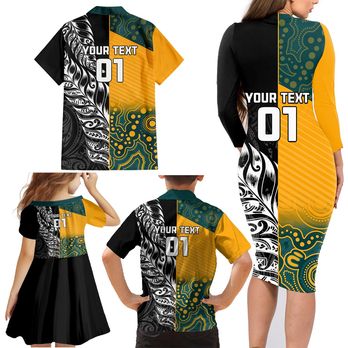 Custom New Zealand And Australia Rugby Family Matching Long Sleeve Bodycon Dress and Hawaiian Shirt Wallabies Kiwi Silver Fern 2023 World Cup LT01 - Polynesian Pride