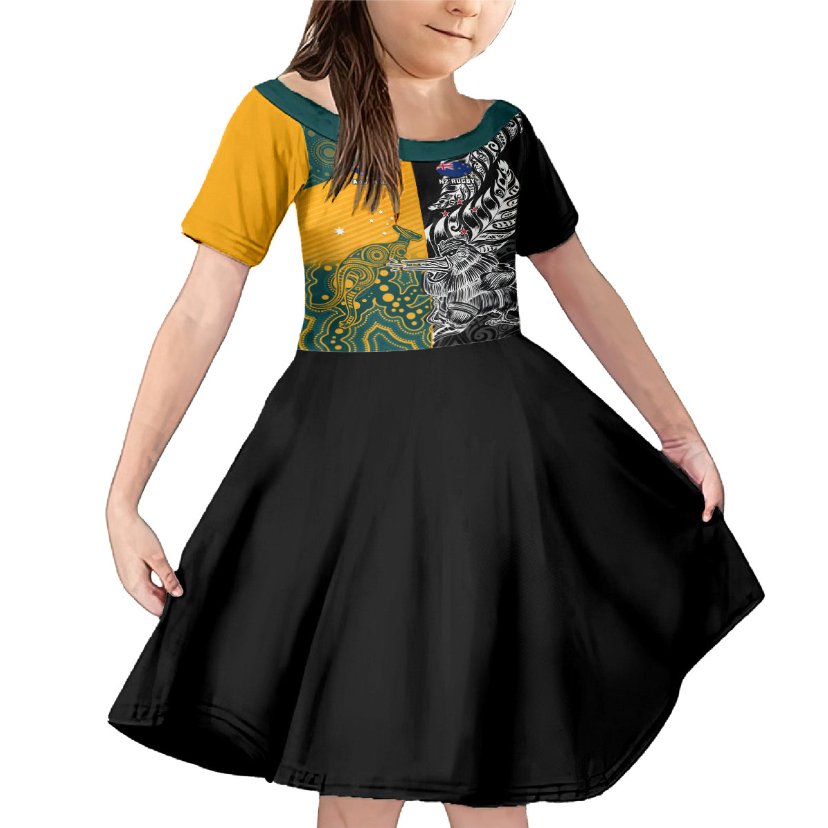Custom New Zealand And Australia Rugby Family Matching Mermaid Dress and Hawaiian Shirt Wallabies Kiwi Silver Fern 2023 World Cup LT01 Daughter's Dress Black - Polynesian Pride