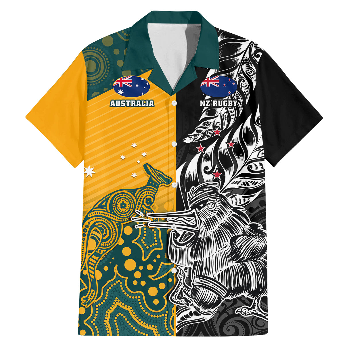 Custom New Zealand And Australia Rugby Family Matching Mermaid Dress and Hawaiian Shirt Wallabies Kiwi Silver Fern 2023 World Cup LT01 Dad's Shirt - Short Sleeve Black - Polynesian Pride