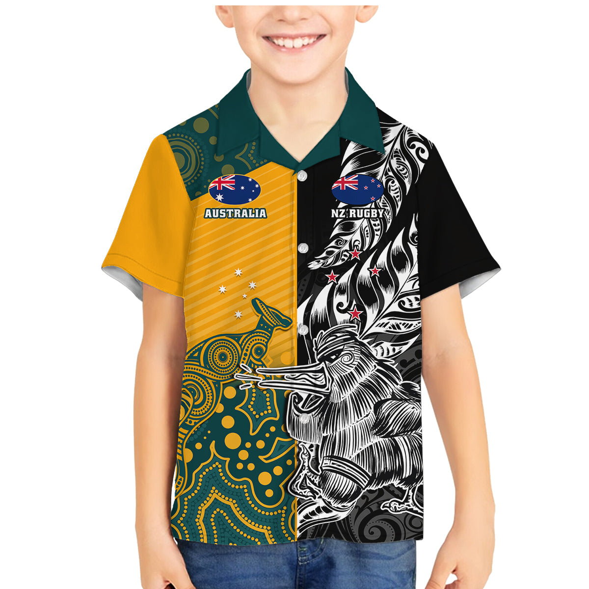 Custom New Zealand And Australia Rugby Family Matching Mermaid Dress and Hawaiian Shirt Wallabies Kiwi Silver Fern 2023 World Cup LT01 Son's Shirt Black - Polynesian Pride