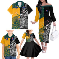 Custom New Zealand And Australia Rugby Family Matching Off Shoulder Long Sleeve Dress and Hawaiian Shirt Wallabies Kiwi Silver Fern 2023 World Cup LT01 - Polynesian Pride