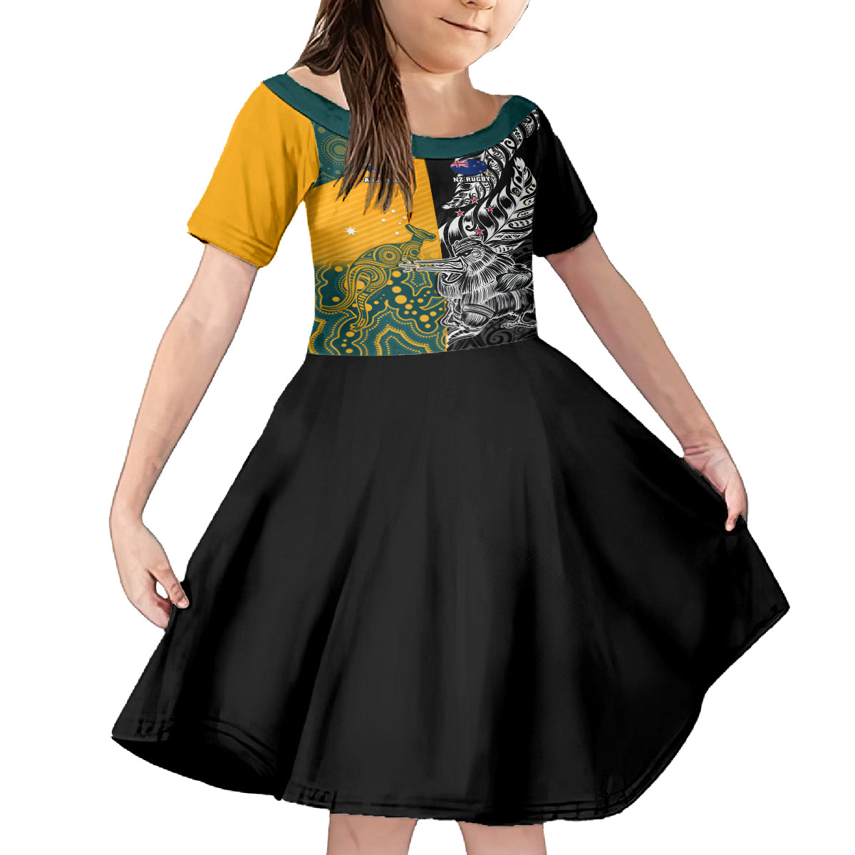 Custom New Zealand And Australia Rugby Family Matching Off Shoulder Maxi Dress and Hawaiian Shirt Wallabies Kiwi Silver Fern 2023 World Cup LT01 Daughter's Dress Black - Polynesian Pride