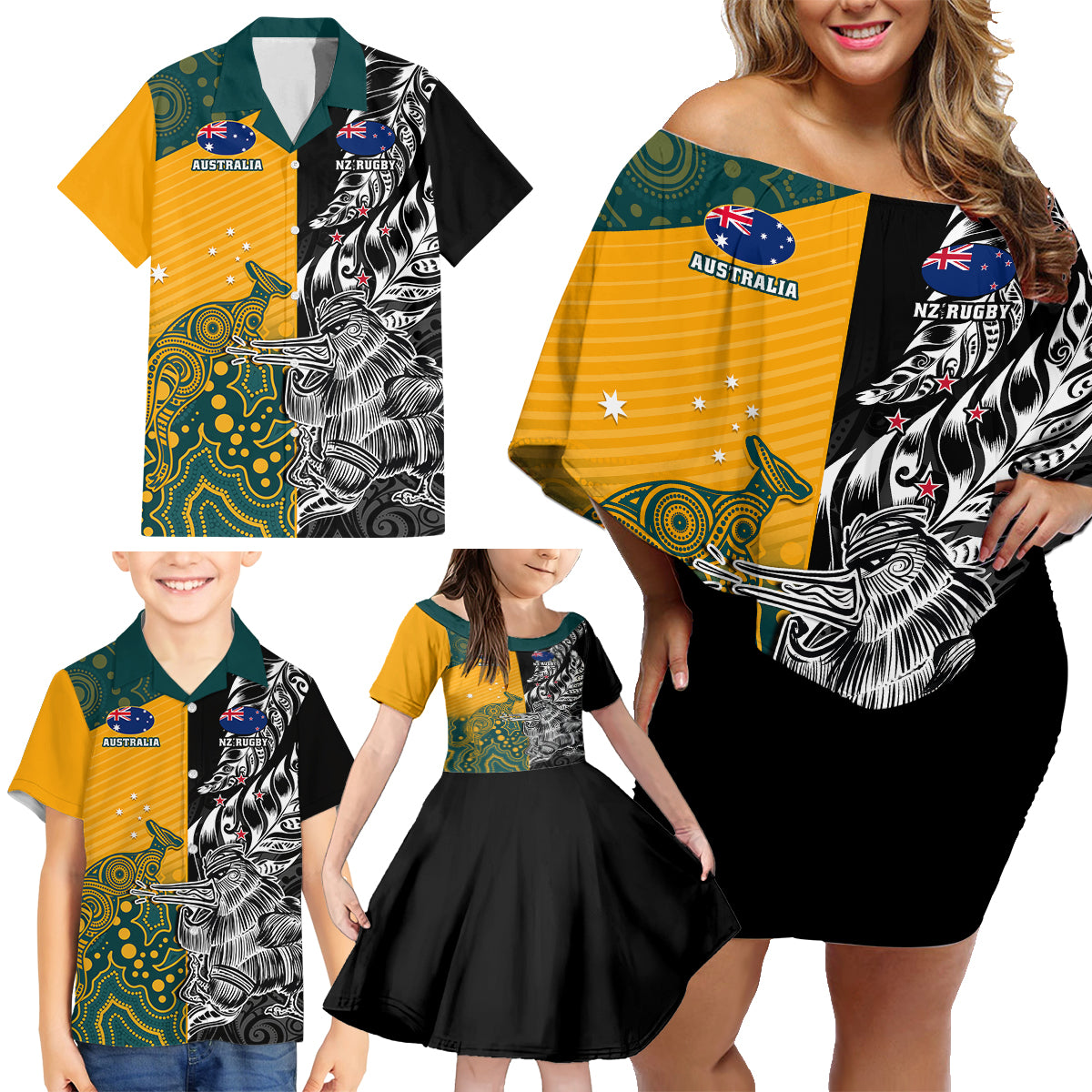Custom New Zealand And Australia Rugby Family Matching Off Shoulder Short Dress and Hawaiian Shirt Wallabies Kiwi Silver Fern 2023 World Cup LT01 - Polynesian Pride