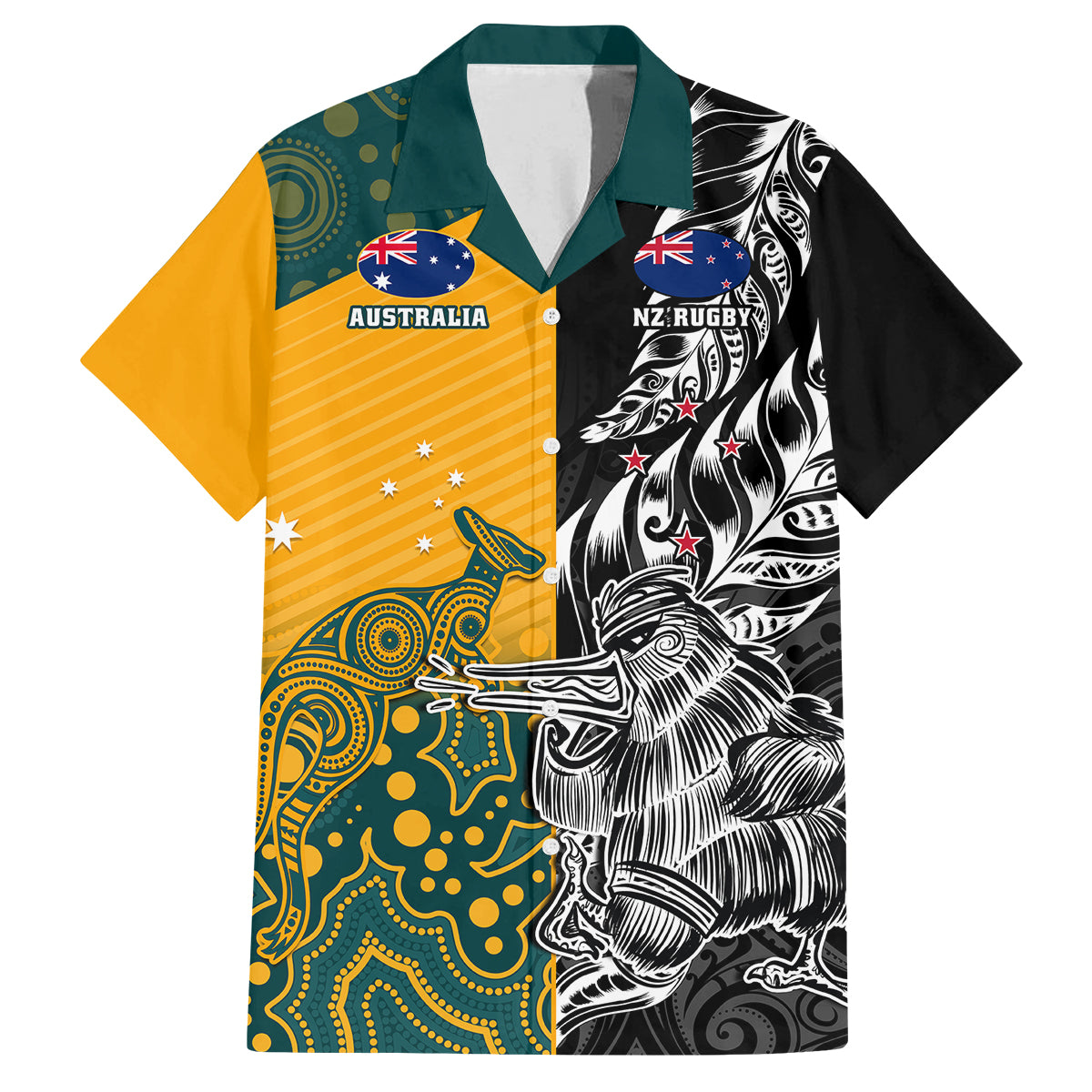 Custom New Zealand And Australia Rugby Family Matching Off Shoulder Short Dress and Hawaiian Shirt Wallabies Kiwi Silver Fern 2023 World Cup LT01 Dad's Shirt - Short Sleeve Black - Polynesian Pride