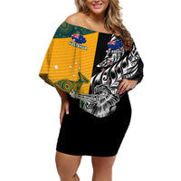 Custom New Zealand And Australia Rugby Family Matching Off Shoulder Short Dress and Hawaiian Shirt Wallabies Kiwi Silver Fern 2023 World Cup LT01 Mom's Dress Black - Polynesian Pride
