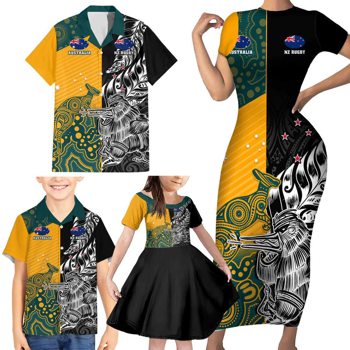 Custom New Zealand And Australia Rugby Family Matching Short Sleeve Bodycon Dress and Hawaiian Shirt Wallabies Kiwi Silver Fern 2023 World Cup LT01 - Polynesian Pride