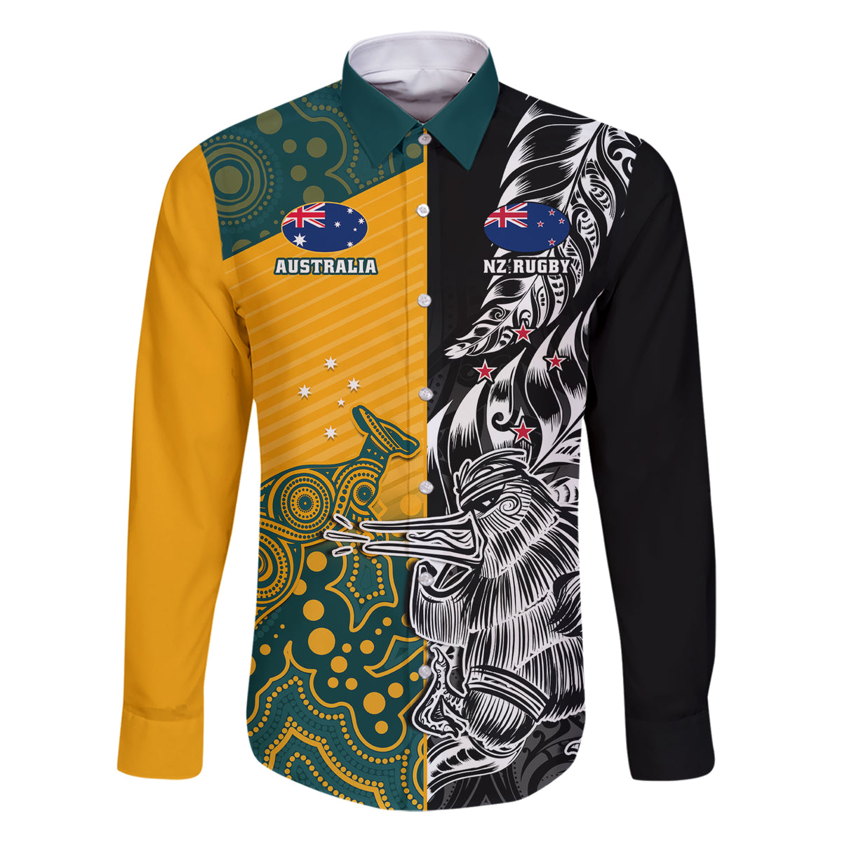 Custom New Zealand And Australia Rugby Family Matching Short Sleeve Bodycon Dress and Hawaiian Shirt Wallabies Kiwi Silver Fern 2023 World Cup LT01 Dad's Shirt - Long Sleeve Black - Polynesian Pride