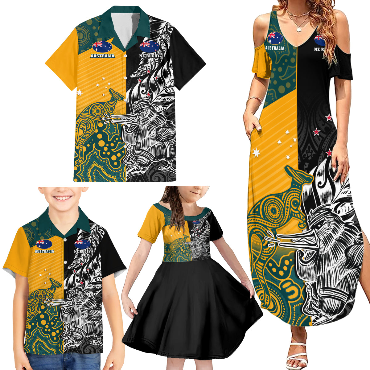 Custom New Zealand And Australia Rugby Family Matching Summer Maxi Dress and Hawaiian Shirt Wallabies Kiwi Silver Fern 2023 World Cup LT01 - Polynesian Pride