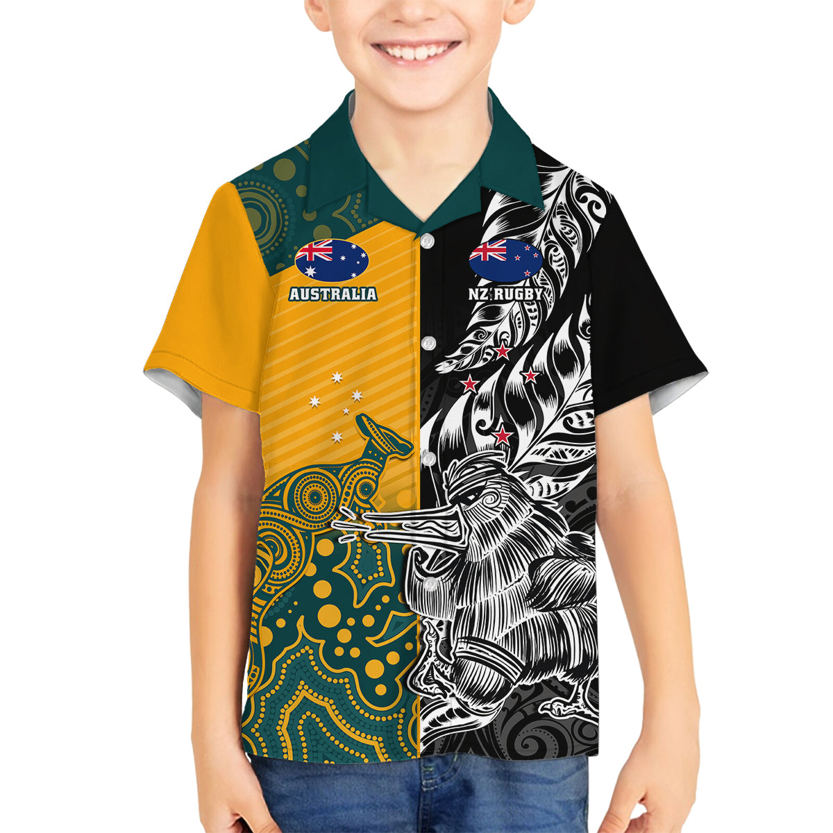 Custom New Zealand And Australia Rugby Family Matching Tank Maxi Dress and Hawaiian Shirt Wallabies Kiwi Silver Fern 2023 World Cup LT01 Son's Shirt Black - Polynesian Pride