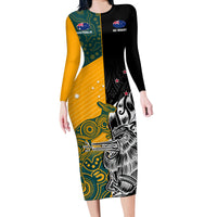Custom New Zealand And Australia Rugby Long Sleeve Bodycon Dress Wallabies Kiwi Silver Fern 2023 World Cup LT01 Long Dress Black - Polynesian Pride