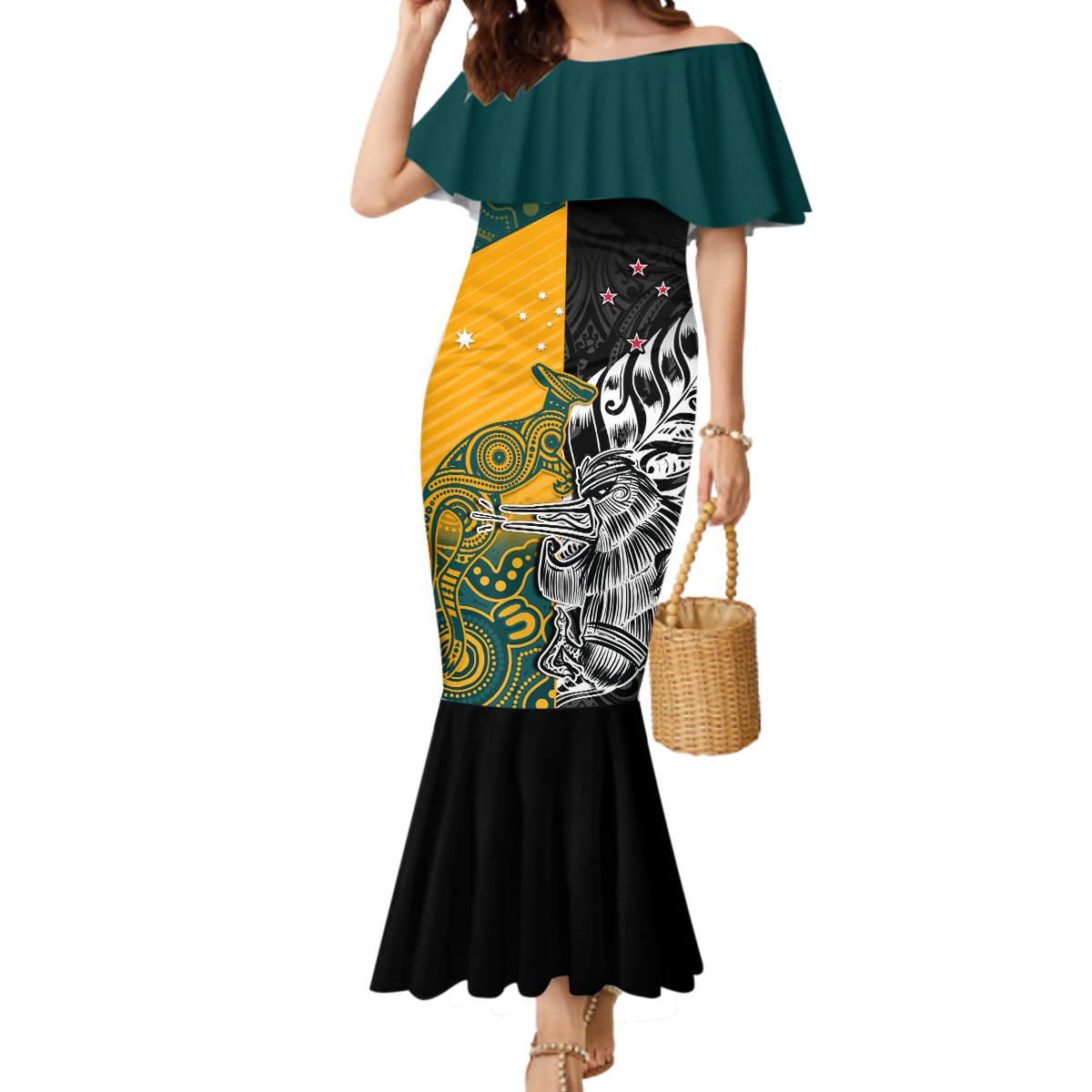 Custom New Zealand And Australia Rugby Mermaid Dress Wallabies Kiwi Silver Fern 2023 World Cup LT01 Women Black - Polynesian Pride