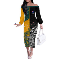 Custom New Zealand And Australia Rugby Off The Shoulder Long Sleeve Dress Wallabies Kiwi Silver Fern 2023 World Cup LT01 Women Black - Polynesian Pride
