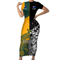 Custom New Zealand And Australia Rugby Short Sleeve Bodycon Dress Wallabies Kiwi Silver Fern 2023 World Cup LT01 Long Dress Black - Polynesian Pride