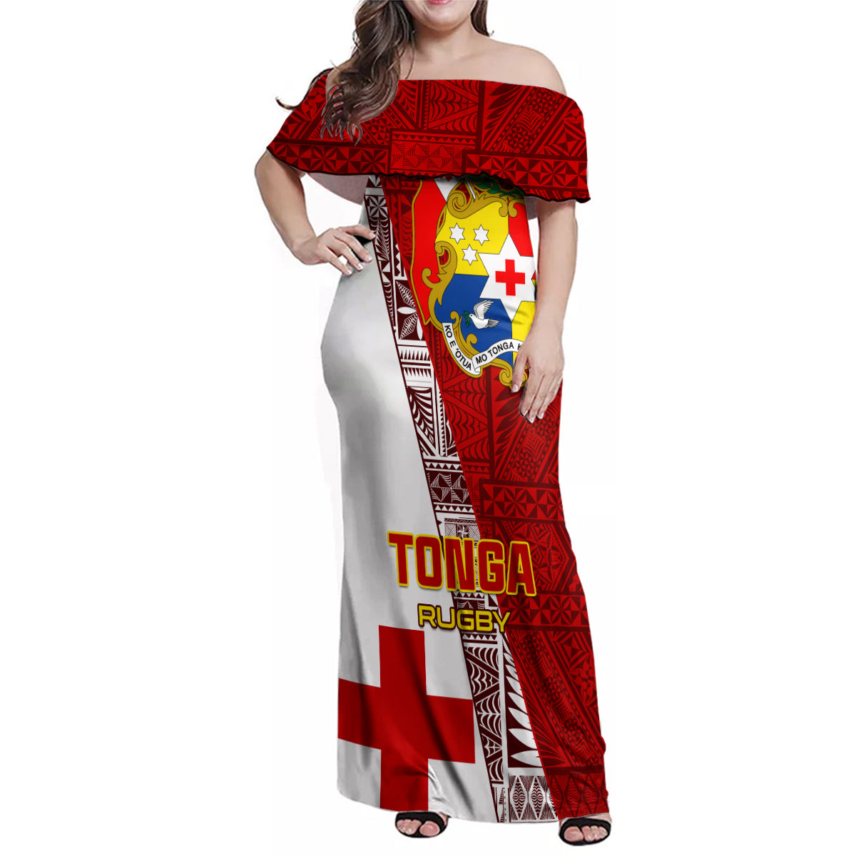 Tonga Rugby Family Matching Off Shoulder Maxi Dress and Hawaiian Shirt Tongan Go 2023 World Cup LT01 Mom's Dress Red - Polynesian Pride