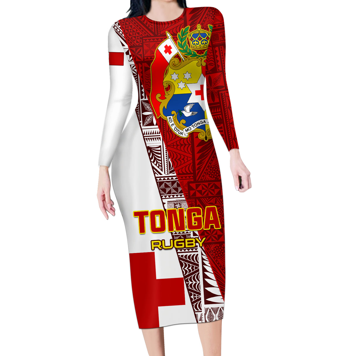 Custom Tonga Rugby Long Sleeve Bodycon Dress Tongan Go 2023 World Cup LT01 Long Dress Red - Polynesian Pride