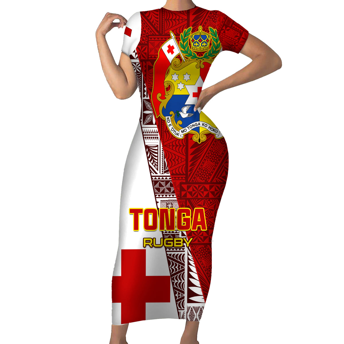 Custom Tonga Rugby Short Sleeve Bodycon Dress Tongan Go 2023 World Cup LT01 Long Dress Red - Polynesian Pride