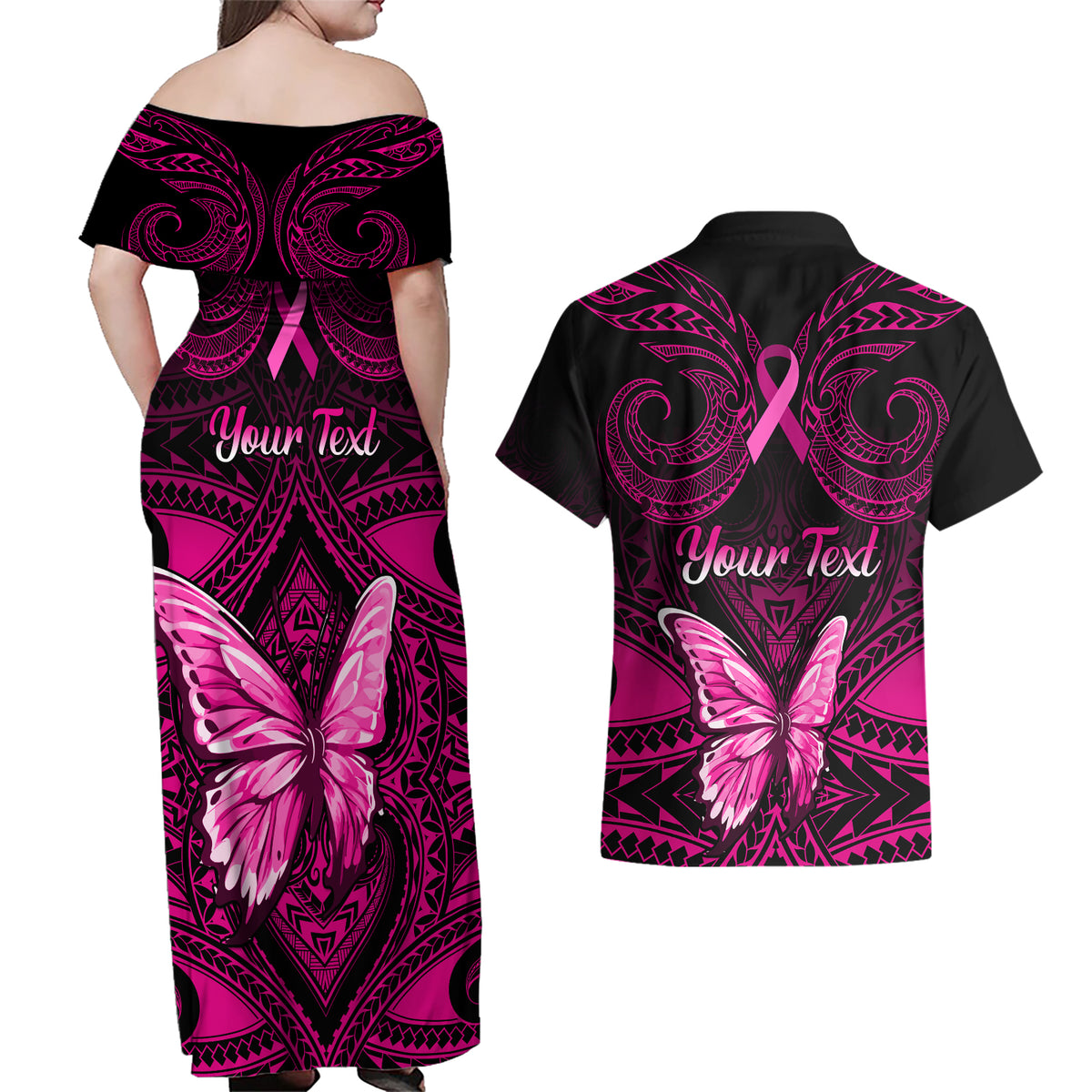personalised-pink-out-couples-matching-off-shoulder-maxi-dress-and-hawaiian-shirt-breast-cancer-awareness-polynesian-pattern-black-version