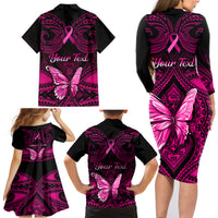 Personalised Pink Out Family Matching Long Sleeve Bodycon Dress and Hawaiian Shirt Breast Cancer Awareness Polynesian Pattern Black Version LT01 - Polynesian Pride
