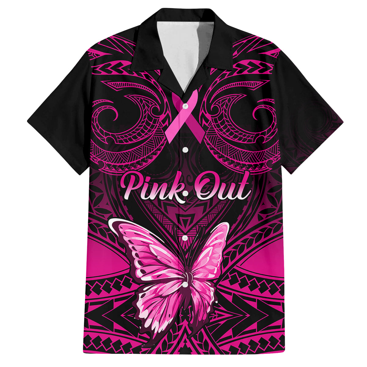 Personalised Pink Out Family Matching Long Sleeve Bodycon Dress and Hawaiian Shirt Breast Cancer Awareness Polynesian Pattern Black Version LT01 Dad's Shirt - Short Sleeve Black - Polynesian Pride