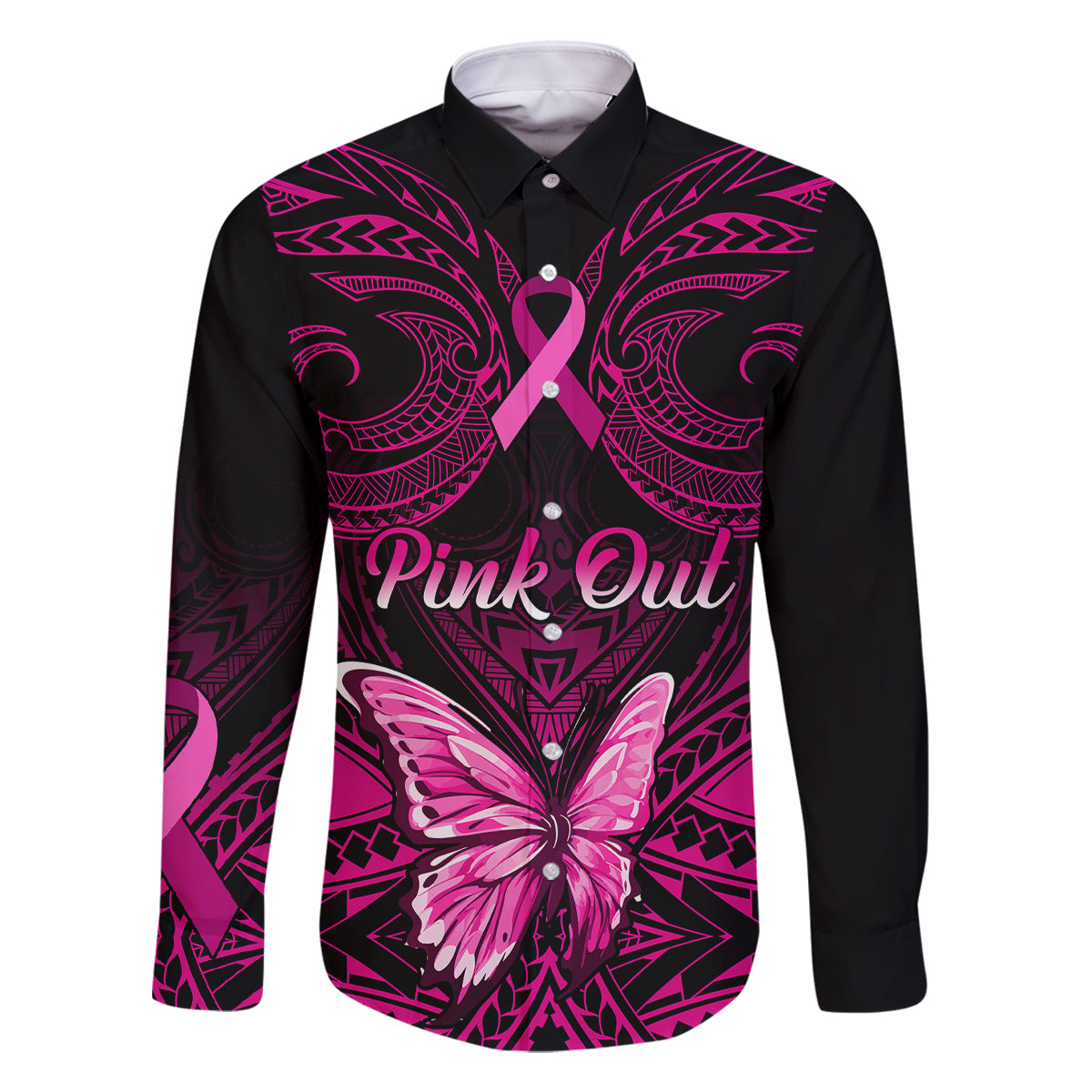 Personalised Pink Out Family Matching Long Sleeve Bodycon Dress and Hawaiian Shirt Breast Cancer Awareness Polynesian Pattern Black Version LT01 Dad's Shirt - Long Sleeve Black - Polynesian Pride