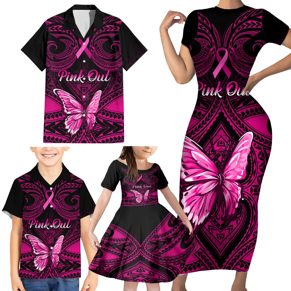 Personalised Pink Out Family Matching Short Sleeve Bodycon Dress and Hawaiian Shirt Breast Cancer Awareness Polynesian Pattern Black Version LT01 - Polynesian Pride