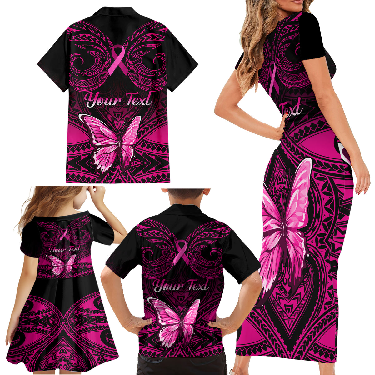 Personalised Pink Out Family Matching Short Sleeve Bodycon Dress and Hawaiian Shirt Breast Cancer Awareness Polynesian Pattern Black Version LT01 - Polynesian Pride