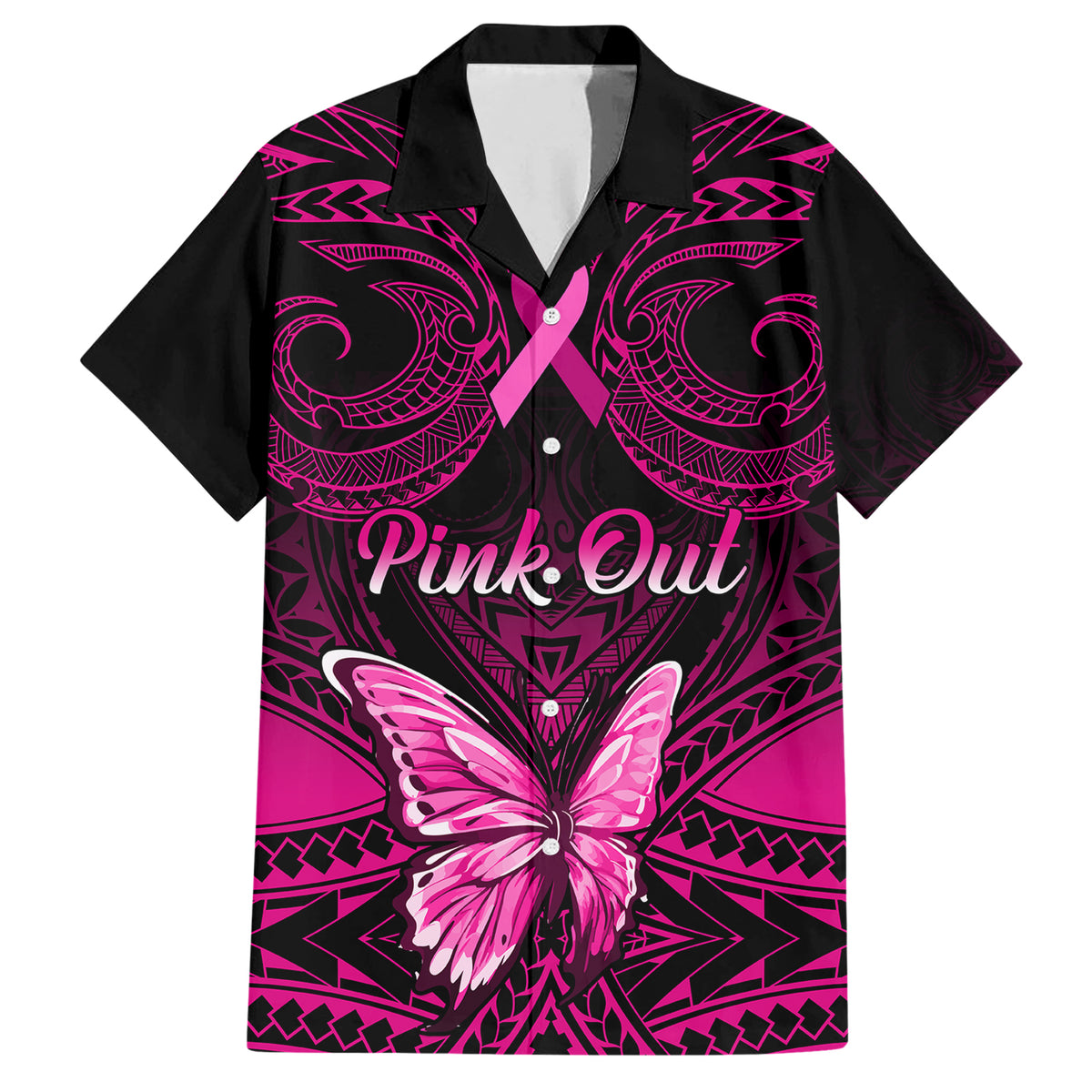 Personalised Pink Out Family Matching Short Sleeve Bodycon Dress and Hawaiian Shirt Breast Cancer Awareness Polynesian Pattern Black Version LT01 Dad's Shirt - Short Sleeve Black - Polynesian Pride