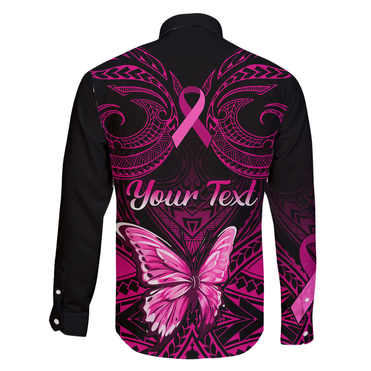 Personalised Pink Out Family Matching Short Sleeve Bodycon Dress and Hawaiian Shirt Breast Cancer Awareness Polynesian Pattern Black Version LT01 - Polynesian Pride