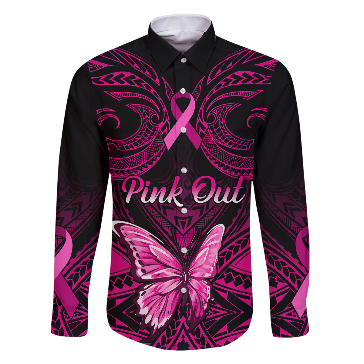 personalised-pink-out-family-matching-summer-maxi-dress-and-hawaiian-shirt-breast-cancer-awareness-polynesian-pattern-black-version