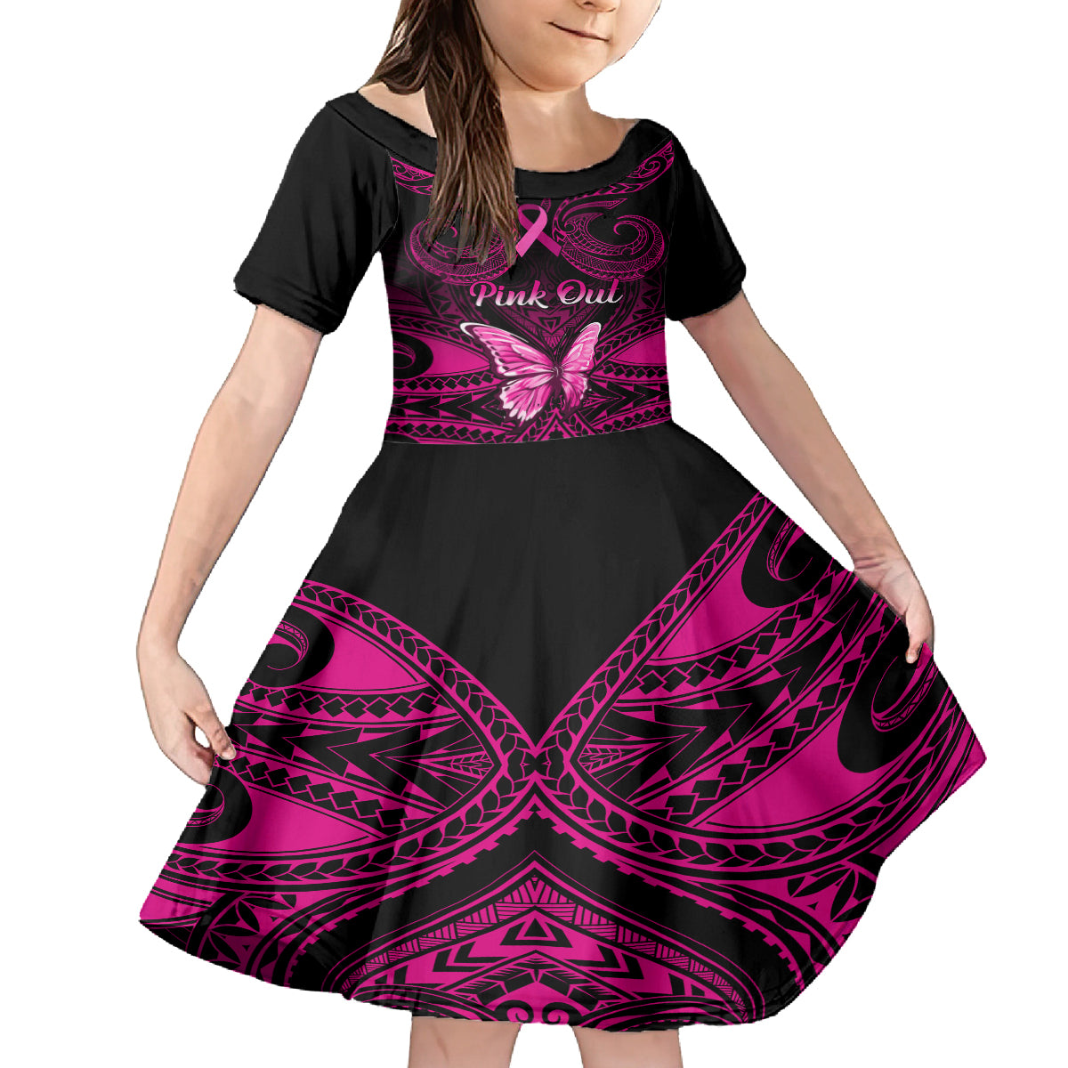 personalised-pink-out-kid-short-sleeve-dress-breast-cancer-awareness-polynesian-pattern-black-version