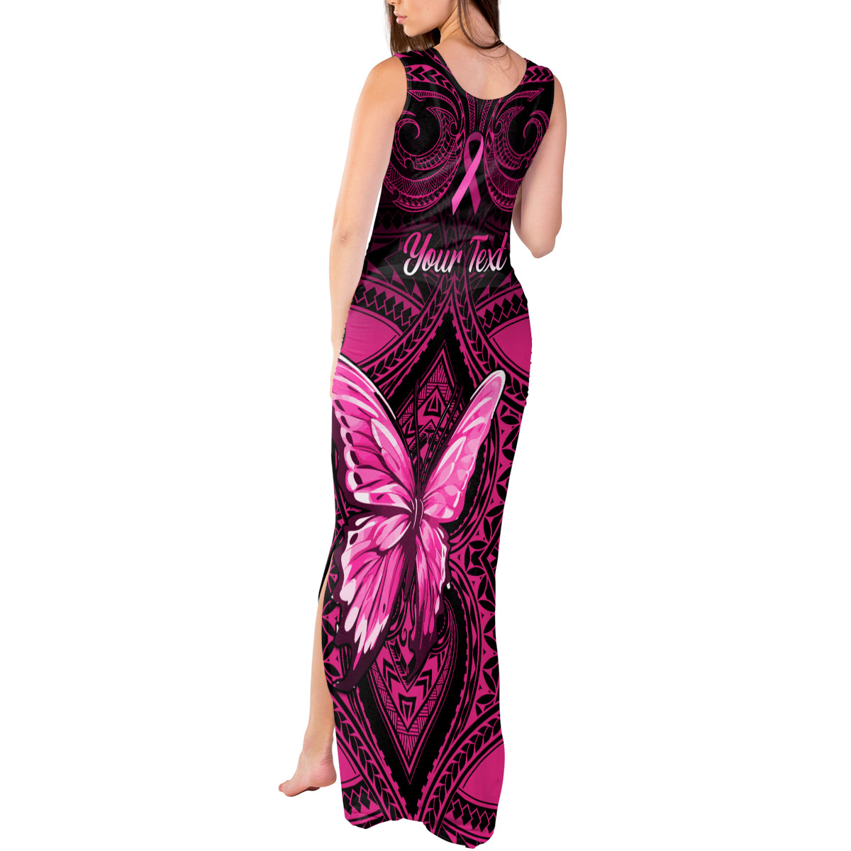 personalised-pink-out-tank-maxi-dress-breast-cancer-awareness-polynesian-pattern-black-version
