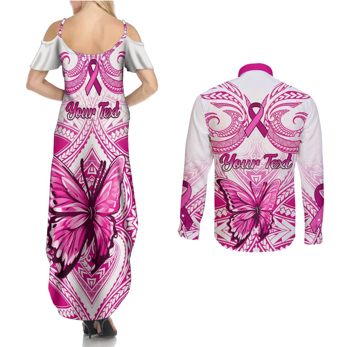 Personalised Pink Out Couples Matching Summer Maxi Dress and Long Sleeve Button Shirts Breast Cancer Awareness Polynesian Pattern White Version LT01 - Polynesian Pride